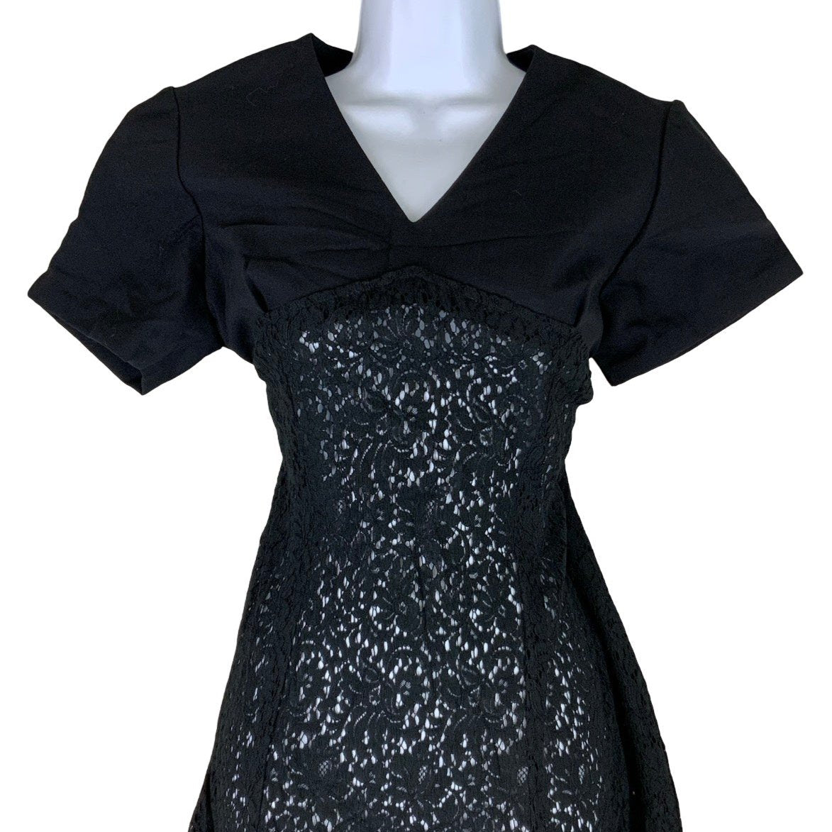 Vintage 60s 70s Black V-Neck Lace Midi Shift Dress 10 12 14