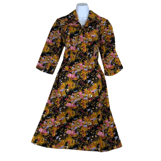 Vintage 60s 70s Black Floral Wing Collar Shift Midi Dress 12 14 16