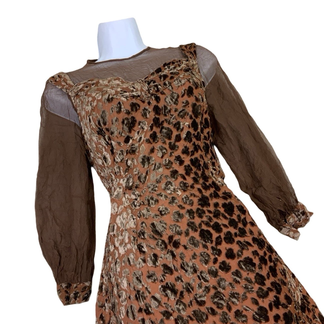 Vintage Brown Lurex Chiffon Velvet Leopard Print Mini Dress XS 6 8