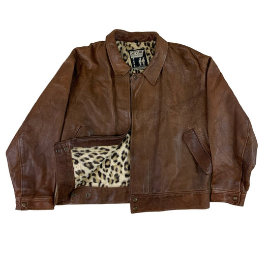 Vintage Brown Leather Cropped Animal Print Leather Jacket S M