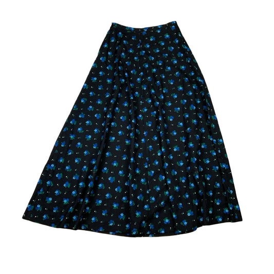 Vintage 60s 70s Black Blue Floral Maxi Skirt XS 4 6