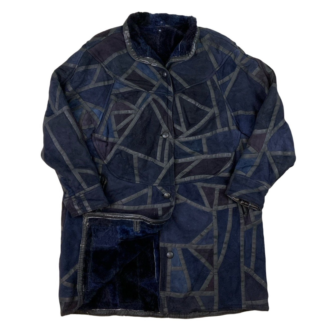 Vintage Blue Geometric Patch Work Shearling Jacket M L XL