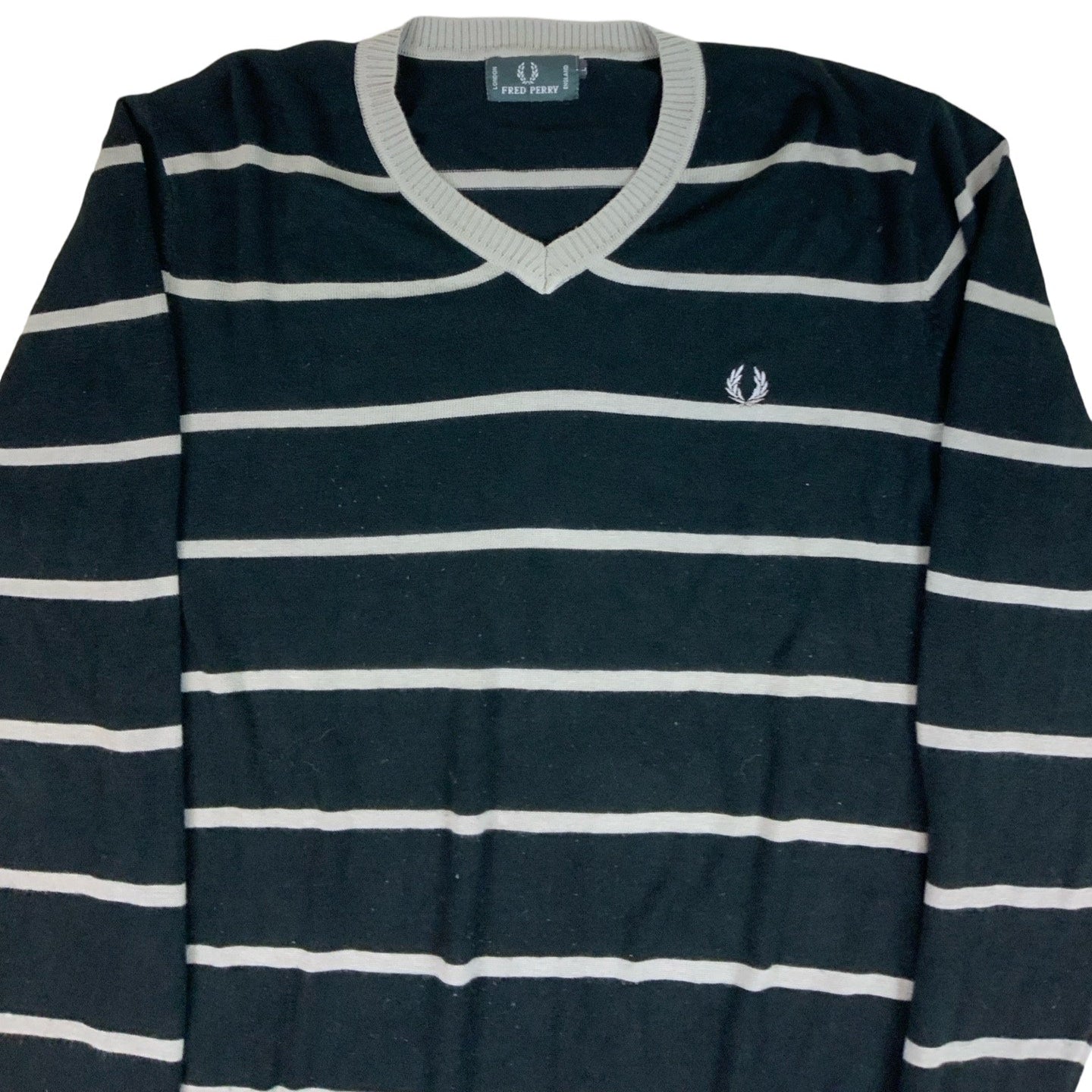 Vintage Fred Perry Striped Grey & Black V Neck Knit  M L