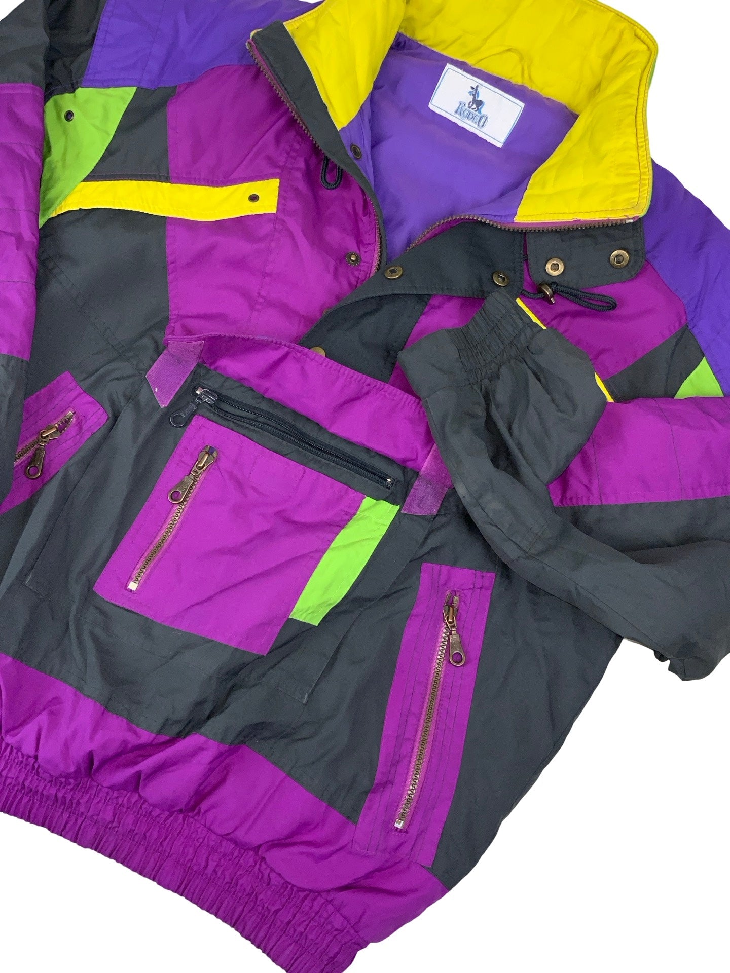 80s 90s Purple Green Pink Yellow 'Rodeo' Pull-Over Ski Outdoor Coat Jacket L XL