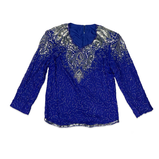 80s Blue & Silver Beaded Top 12 14