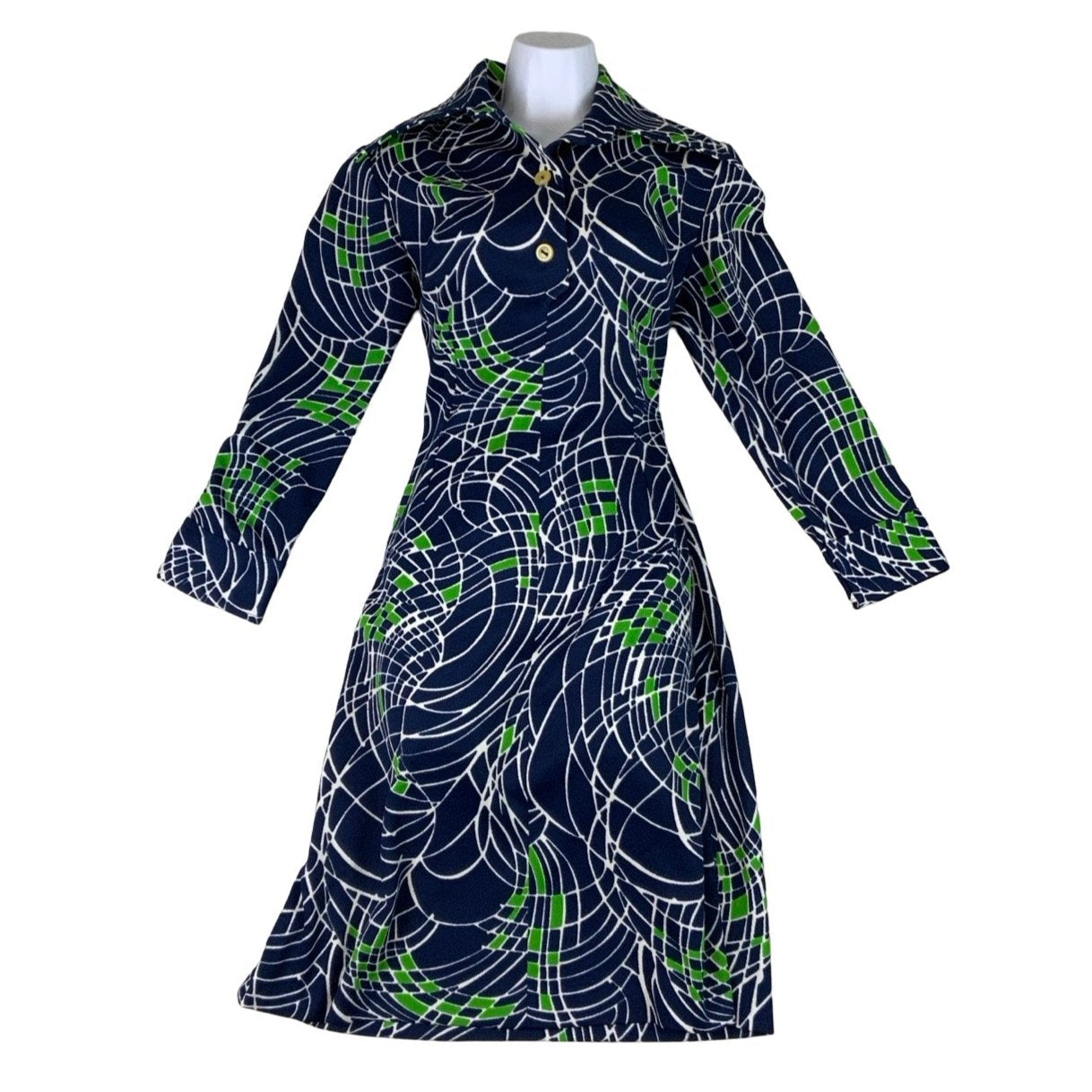 Vintage 60s 70s Blue Green White Psychedelic Shirt Dress 8 10 12