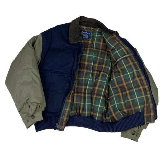 Vintage 90s 'Nautica' Blue Green Tartan Quilt Lined Outdoor Bomber Jacket 2L 3XL