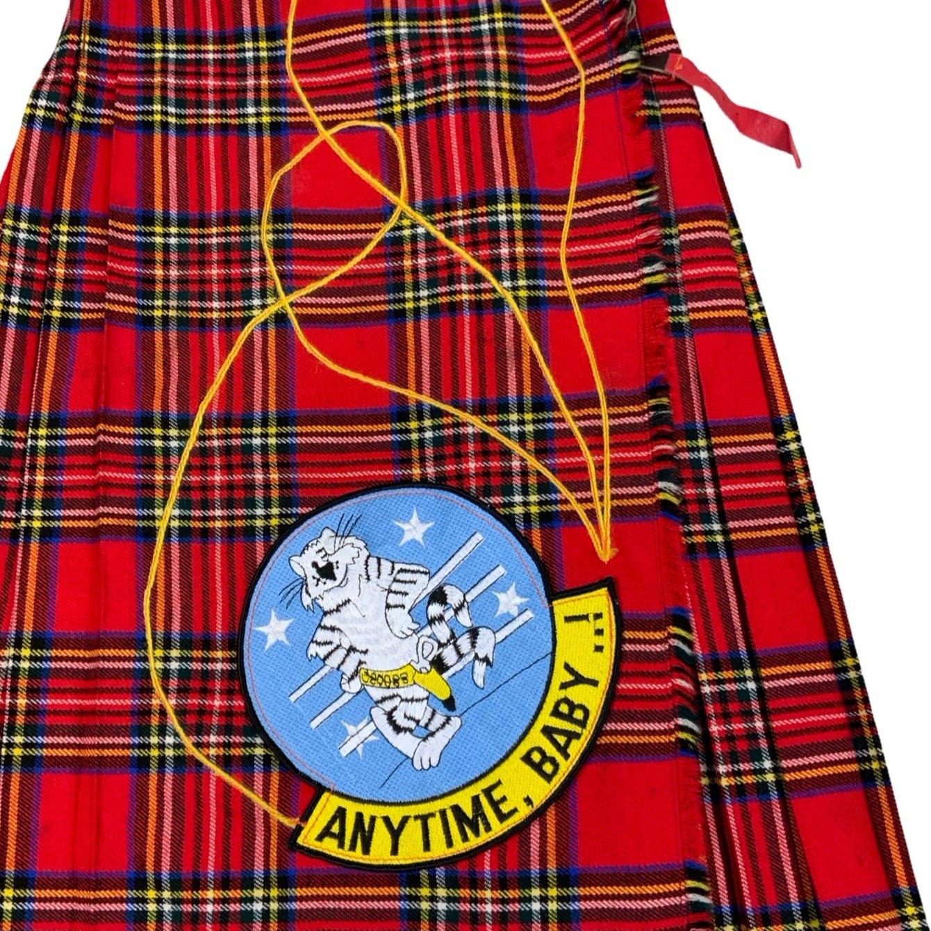 Vintage 'Anytime, Baby..!' Patch Embroidered Scotland Traditional Tartan Kilt XS 4 6 8 10 12