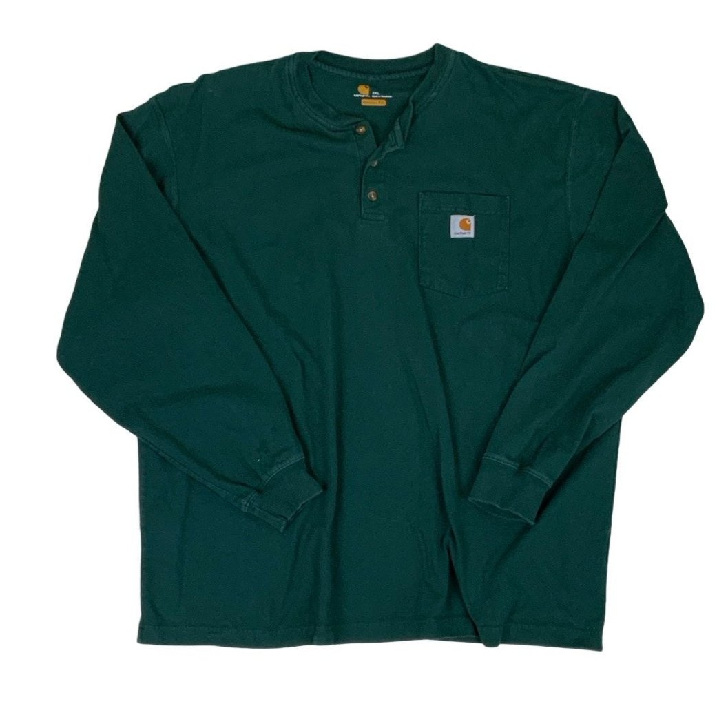 Carhartt Preloved Fade-Out Green Button Collar Single Pocket Long-Sleeve XXL XXXL