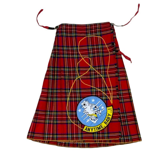 Vintage 'Anytime, Baby..!' Patch Embroidered Scotland Traditional Tartan Kilt XS 4 6 8 10 12