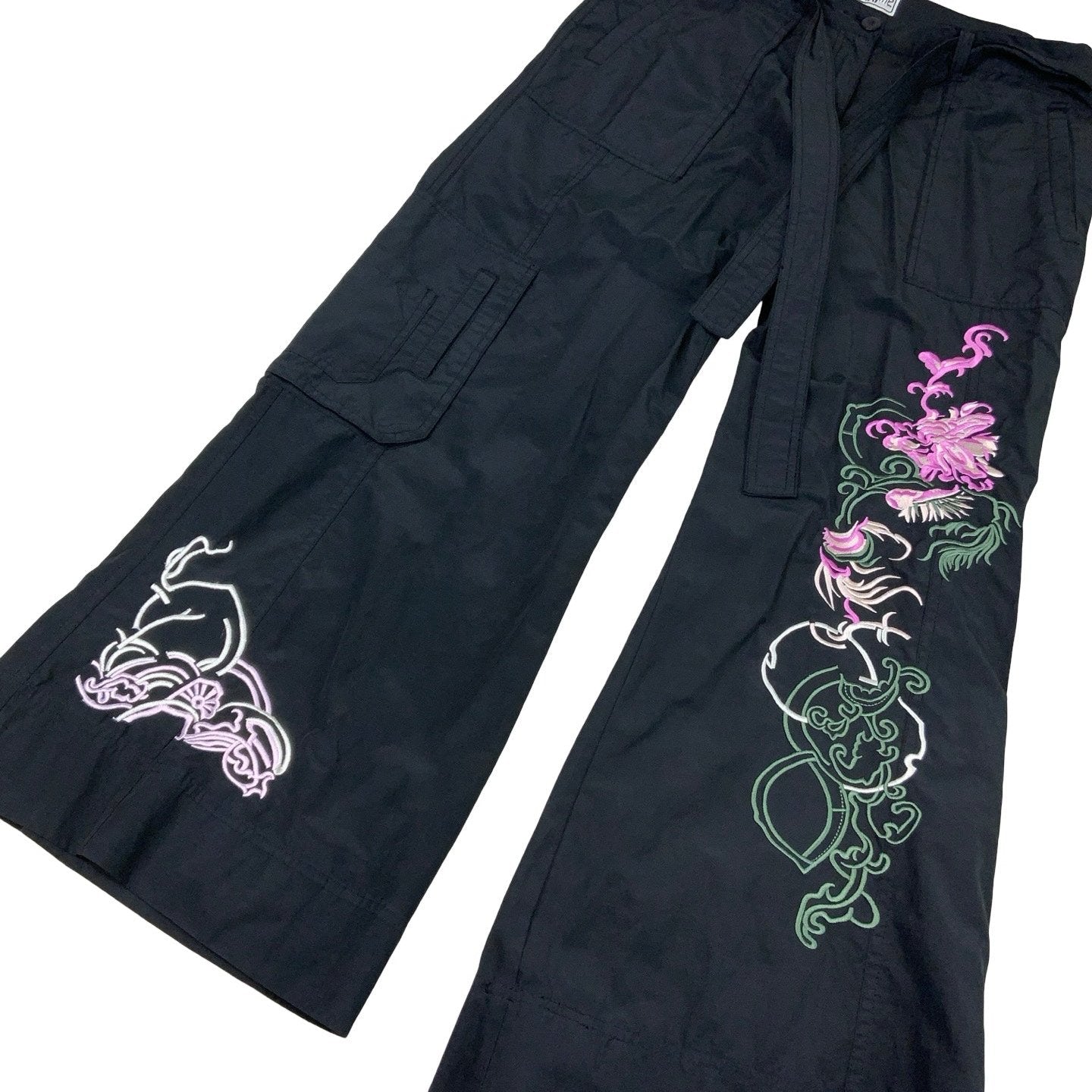 Vintage Y2K 90s Maxi Me Black Japanese Embroidered Cargo Joggers 36W 30L