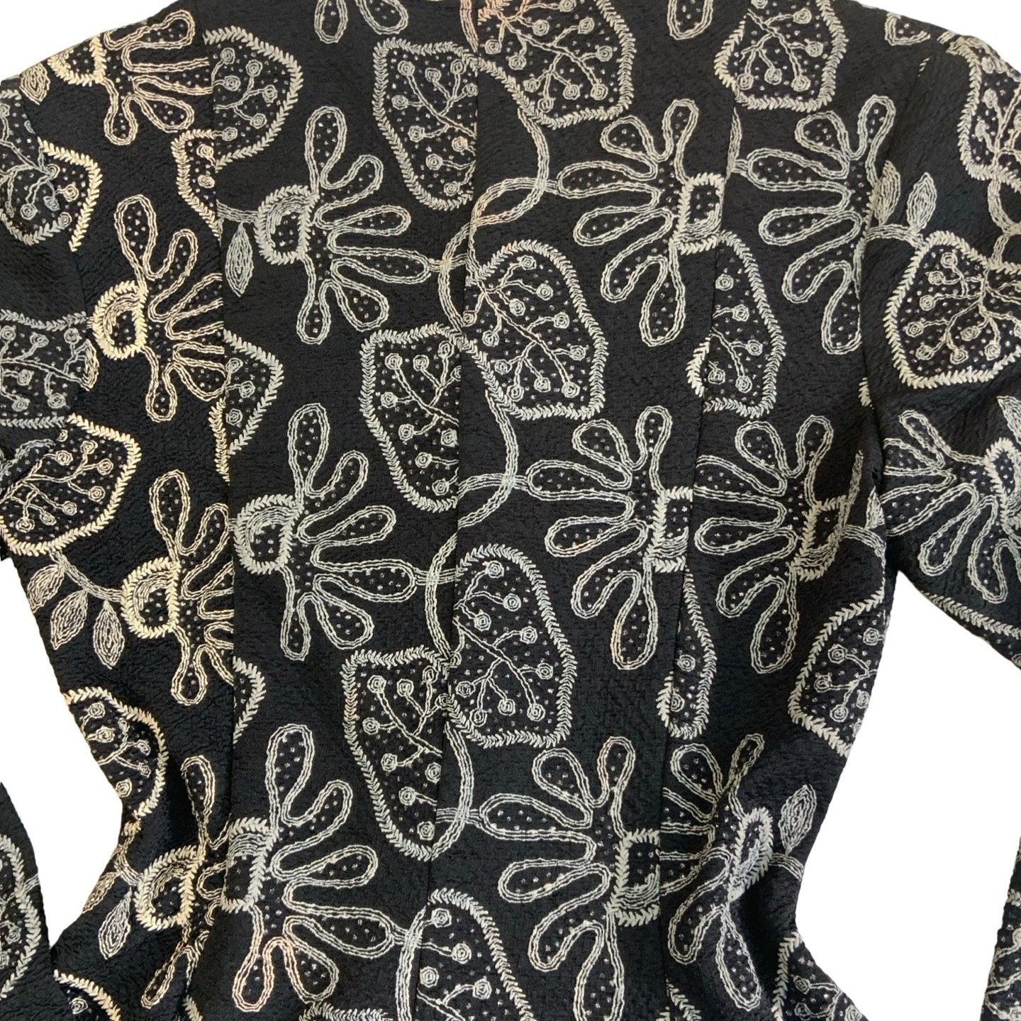 Vintage 70s Black Embroidered Botanical Print Button-Up Mini Dress 8 10