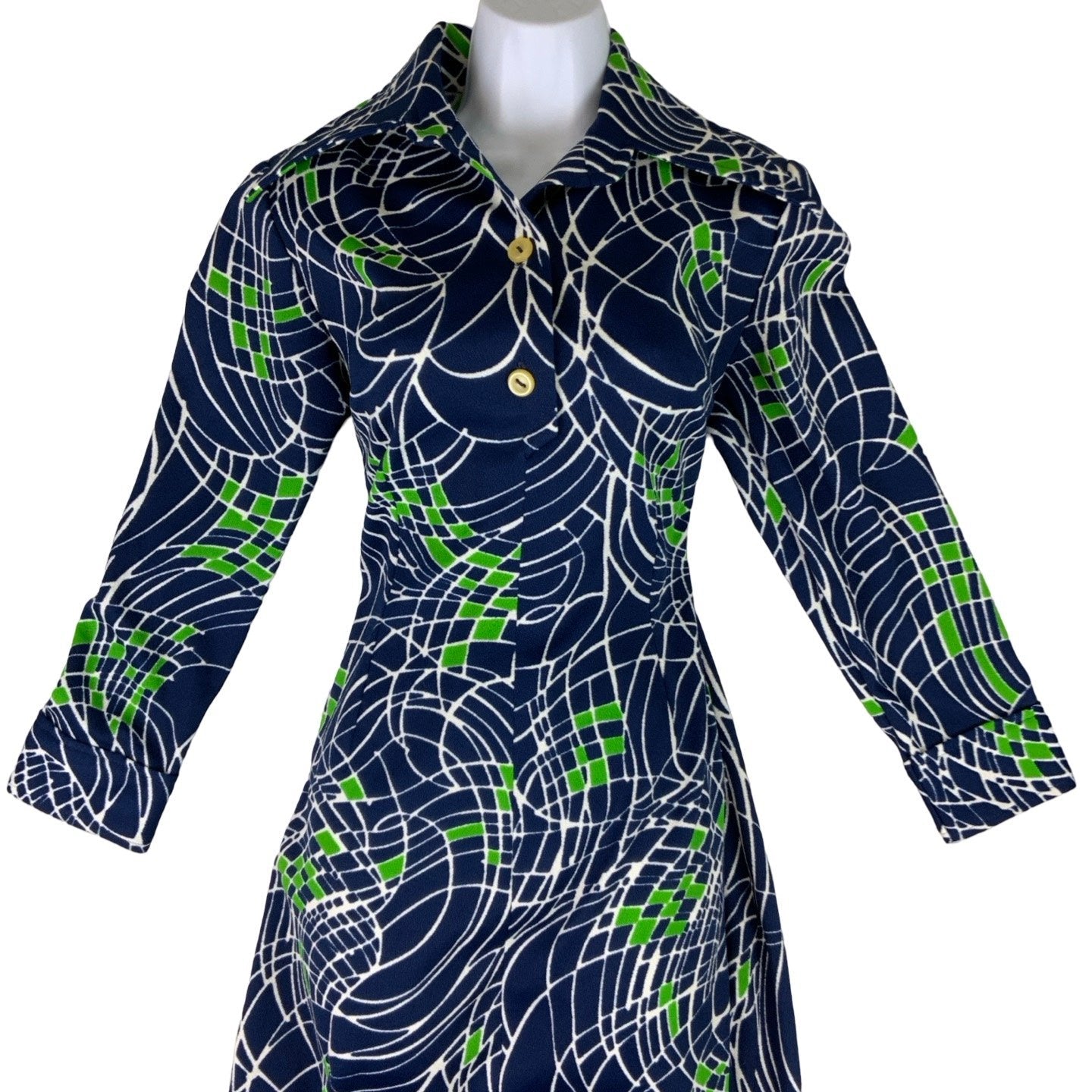 Vintage 60s 70s Blue Green White Psychedelic Shirt Dress 8 10 12