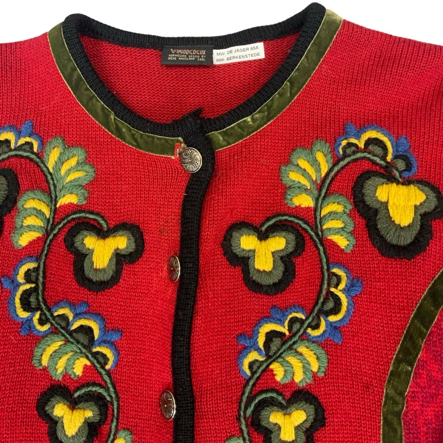 Vintage Vrikke Red Floral Wool Norwegian Cardigan  L 18