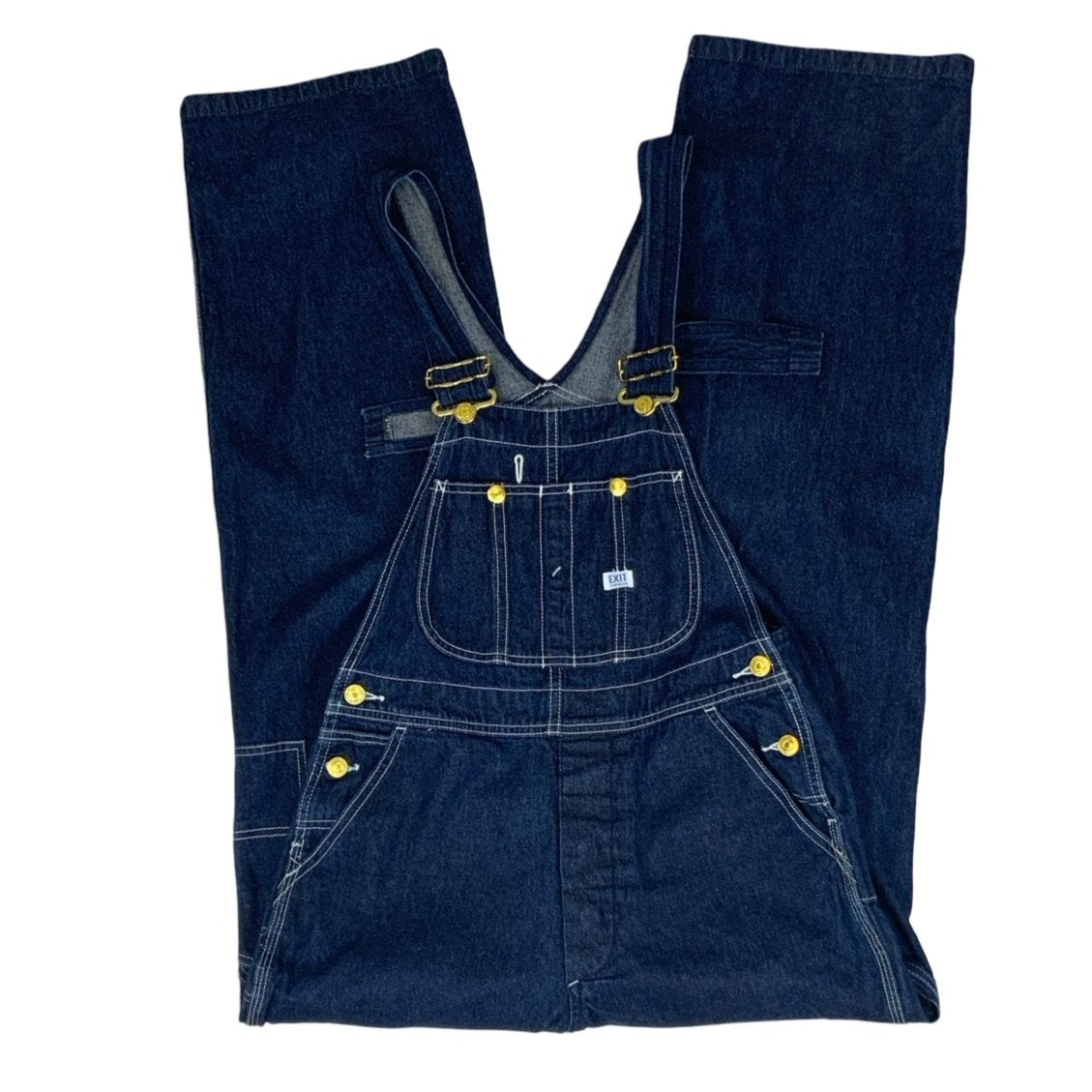 Vintage 90s EXIT Sanforized Dark Blue Denim Dungarees Bib Overalls 32W 33L