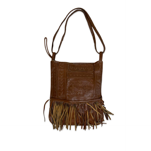Vintage Brown Leather Handbag with Fringing