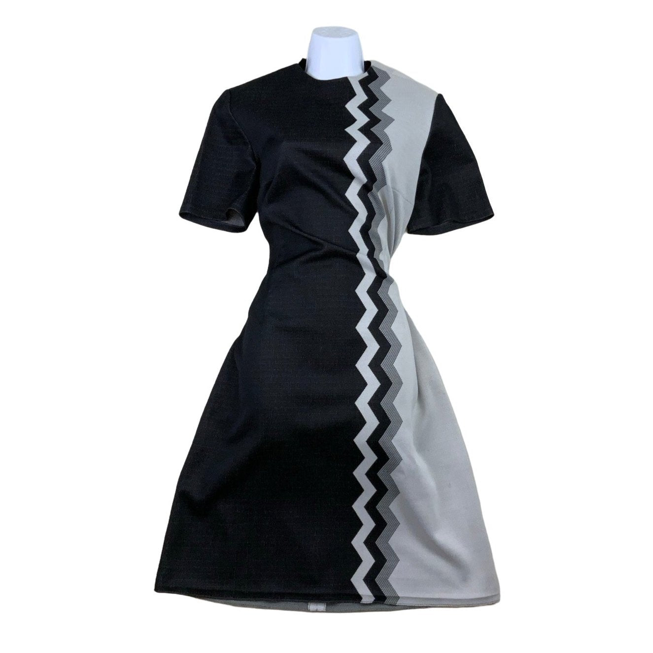 Vintage 60s 70s Black Grey Zip-Zag Midi Shift Dress 10 12 14