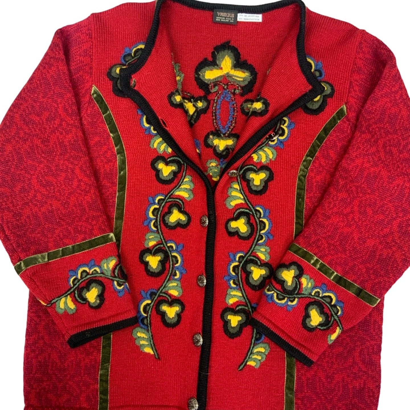 Vintage Vrikke Red Floral Wool Norwegian Cardigan  L 18