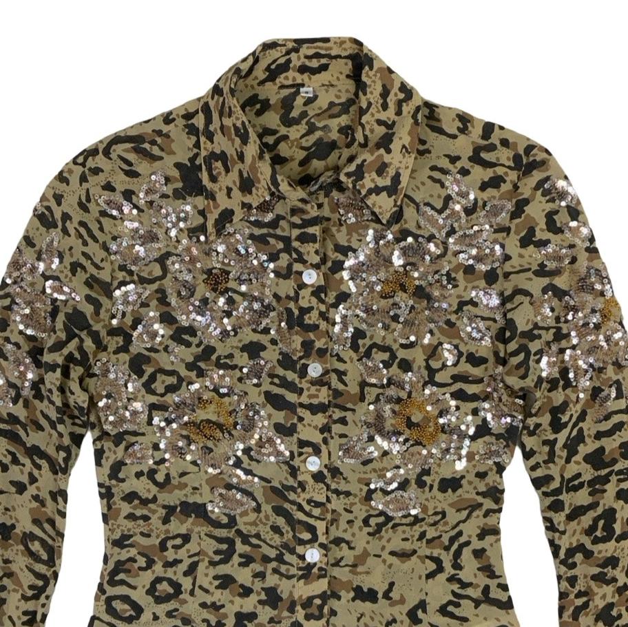 Vintage y2k Leopard Animal Print Sequin Blouse XS 8 10