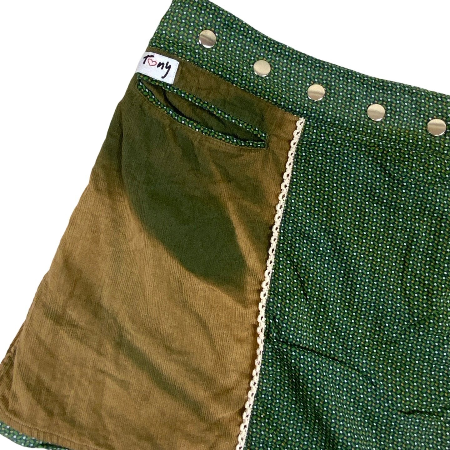 Vintage 90s y2k 'Tony' Brown Green Reversible Swap Mini Skirt 10 12 14 16 18 20