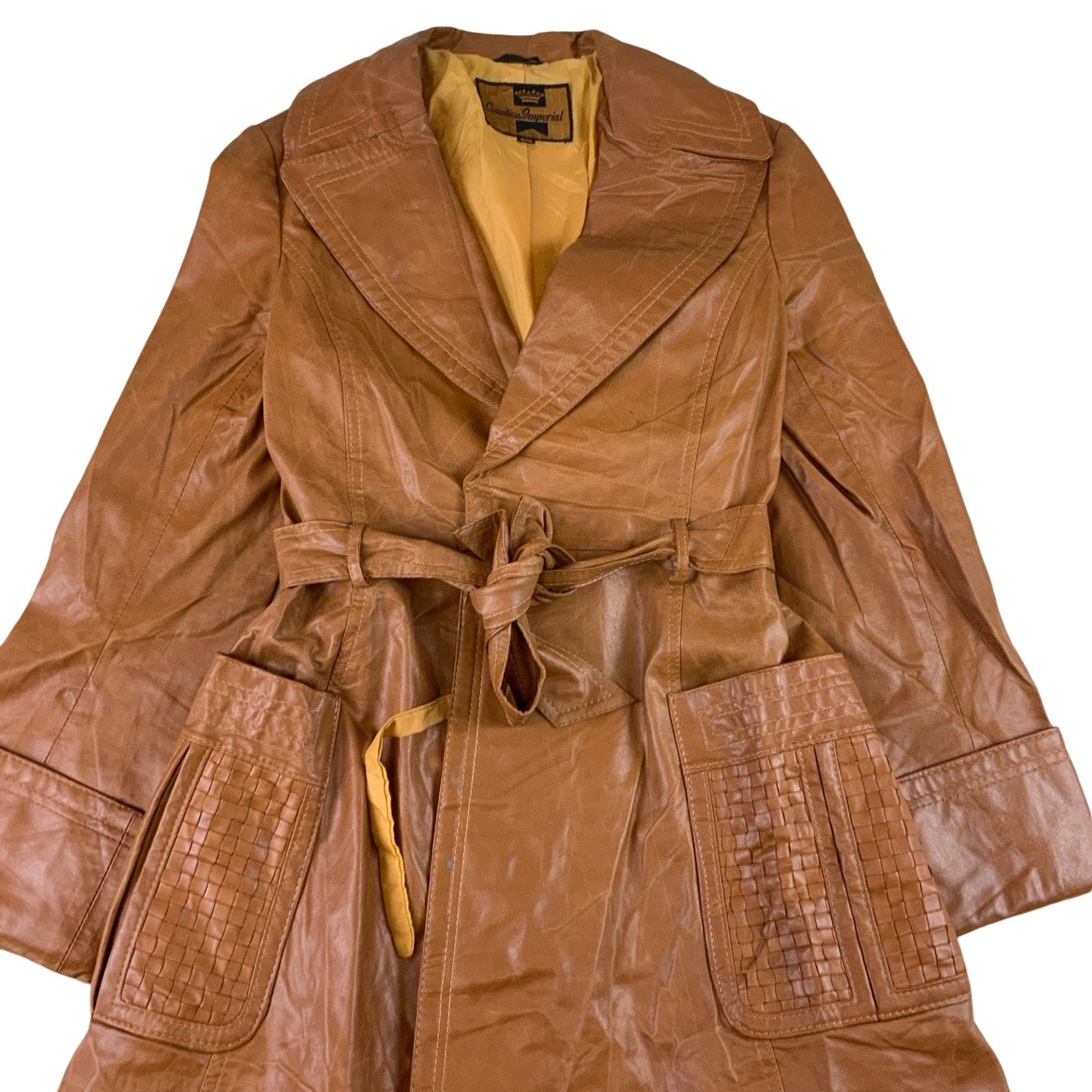 Vintage 'countless Imperial' Orange Brown Woven Leather Coat 8 10