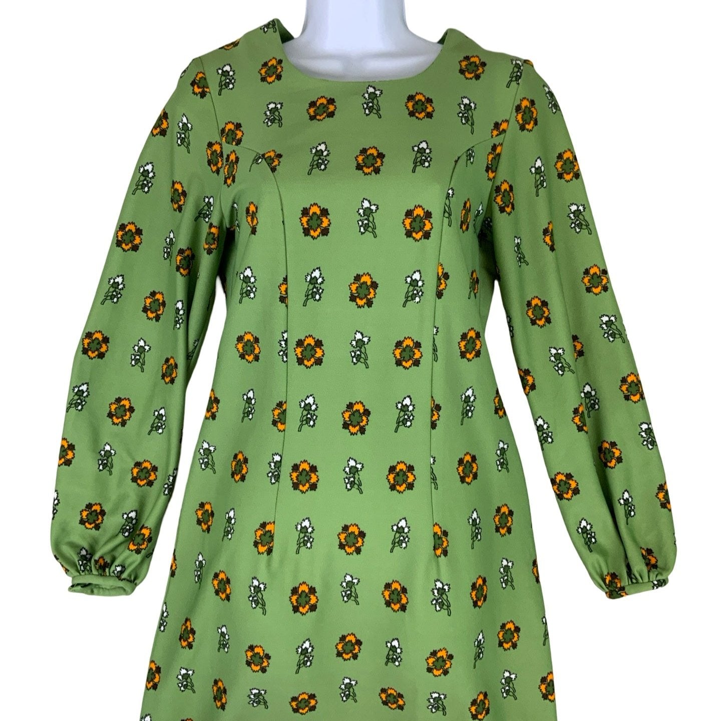 Vintage 60s 70s Green Floral Princess Dress 6 8 10