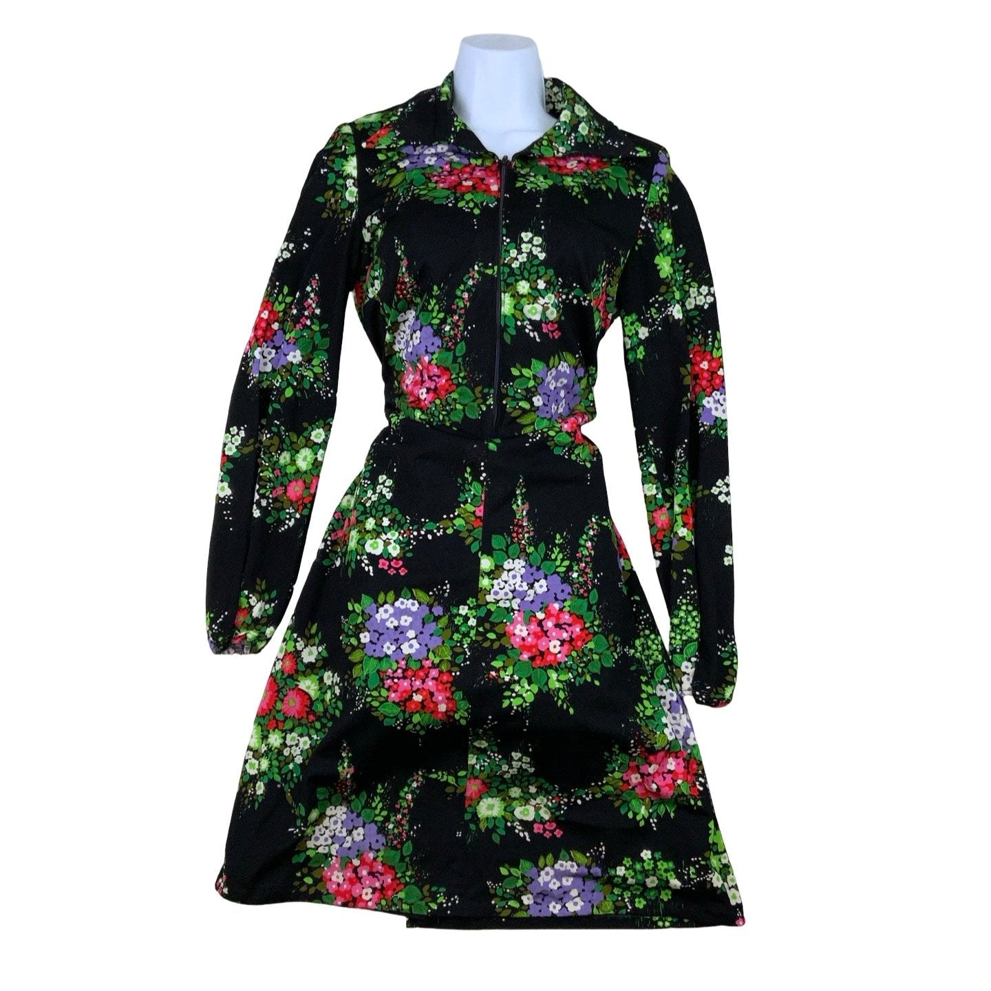 Vintage 60s 70s Black Floral Wing Collar Shift Dress 8 10 12