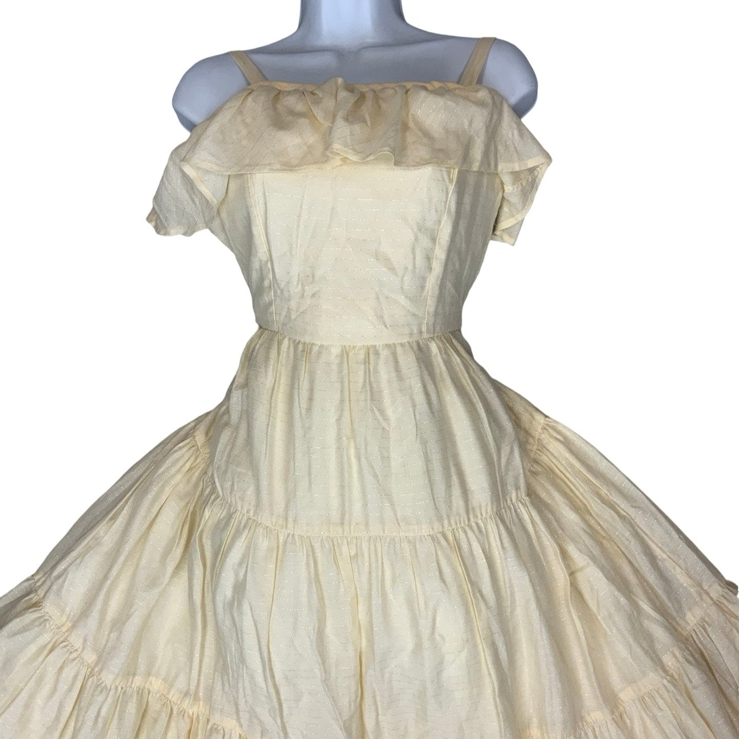 Vintage Cream Silver Pinstripe Tiered Ruffle Midi Party Dress 10 12