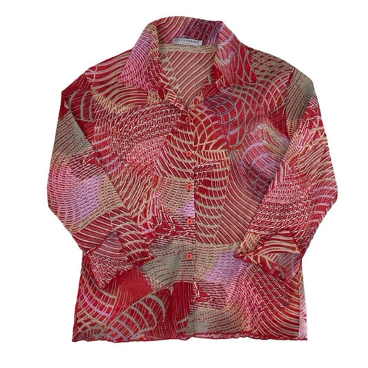 90s Y2K Cellophane Sheer Red Vortex Swirl Pattern Blouse Top S 12