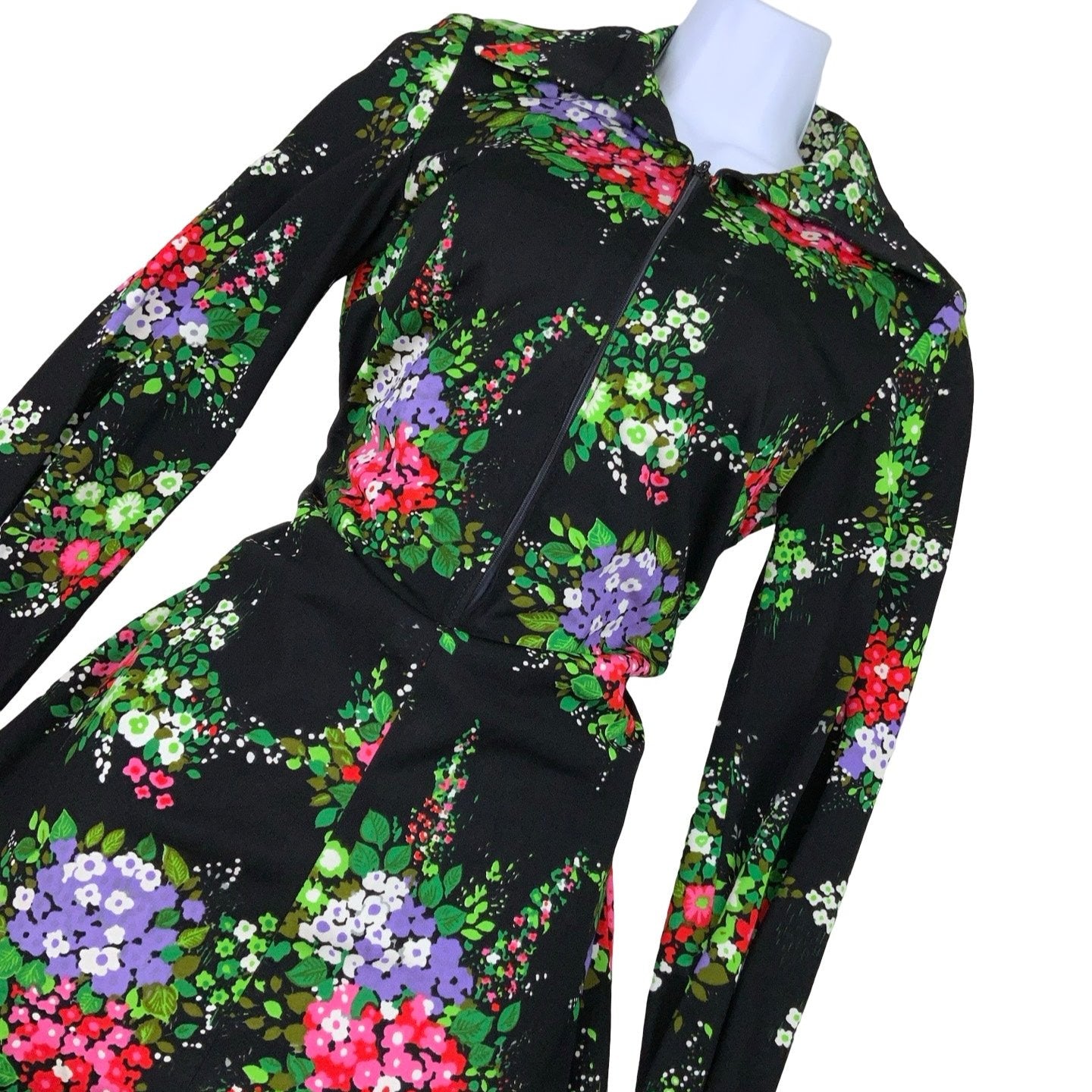 Vintage 60s 70s Black Floral Wing Collar Shift Dress 8 10 12