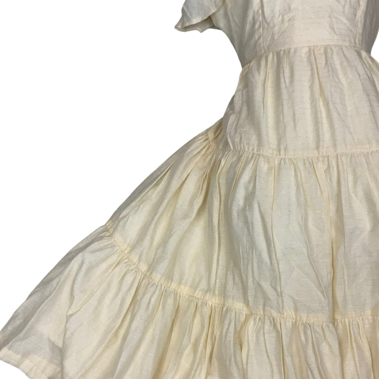 Vintage Cream Silver Pinstripe Tiered Ruffle Midi Party Dress 10 12