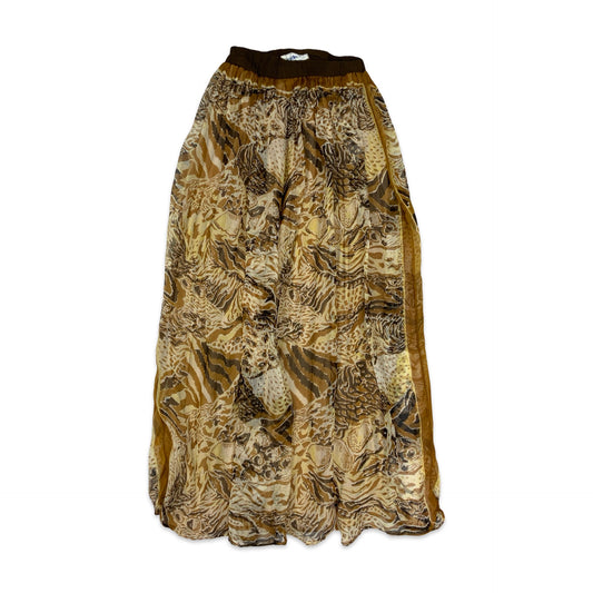 Vintage Brown & Beige Animal Print Pleated Maxi Skirt 4 6 8