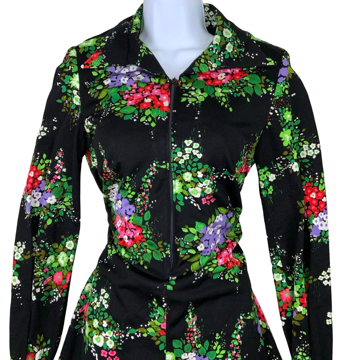 Vintage 60s 70s Black Floral Wing Collar Shift Dress 8 10 12