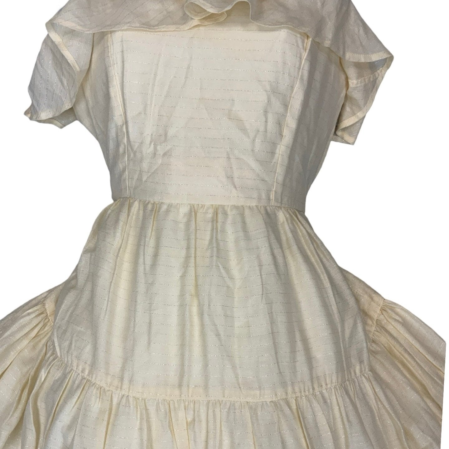 Vintage Cream Silver Pinstripe Tiered Ruffle Midi Party Dress 10 12