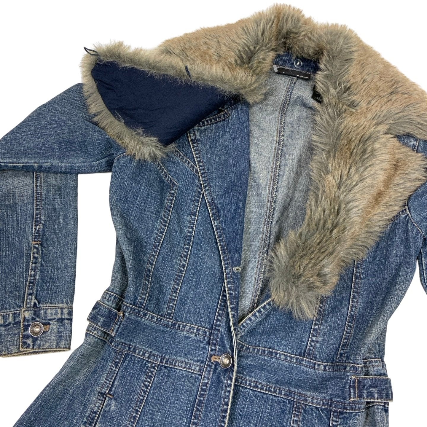 Vintage 90s 'DKNY Jeans' Faux Fur Long Light Denim Coat Jacket S 10 12