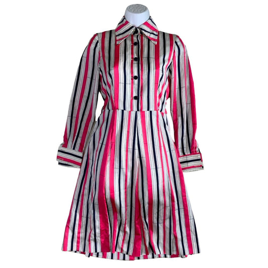 Vintage 60s 70s Pink White Black Stripe Aline Dress 6 8 10