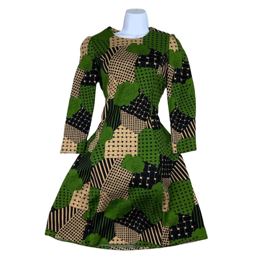 Vintage 60s 70s Green Black Beige Floral Geometric Shift Dress 8 10 12