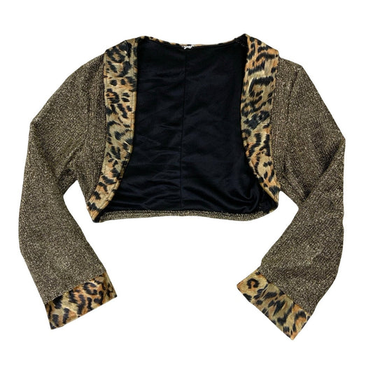 Vintage 80s 90s Gold Sparkle Leopard Print Crop Bolero Jacket XS 6 8