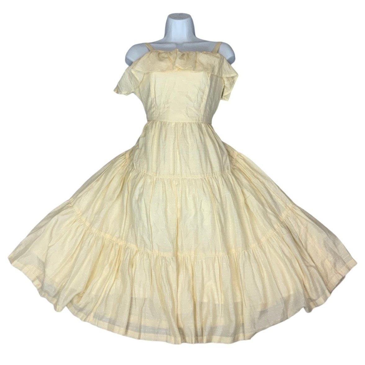 Vintage Cream Silver Pinstripe Tiered Ruffle Midi Party Dress 10 12