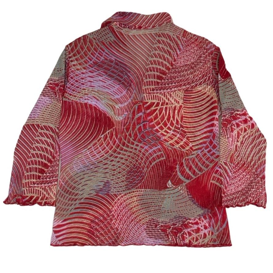 90s Y2K Cellophane Sheer Red Vortex Swirl Pattern Blouse Top S 12