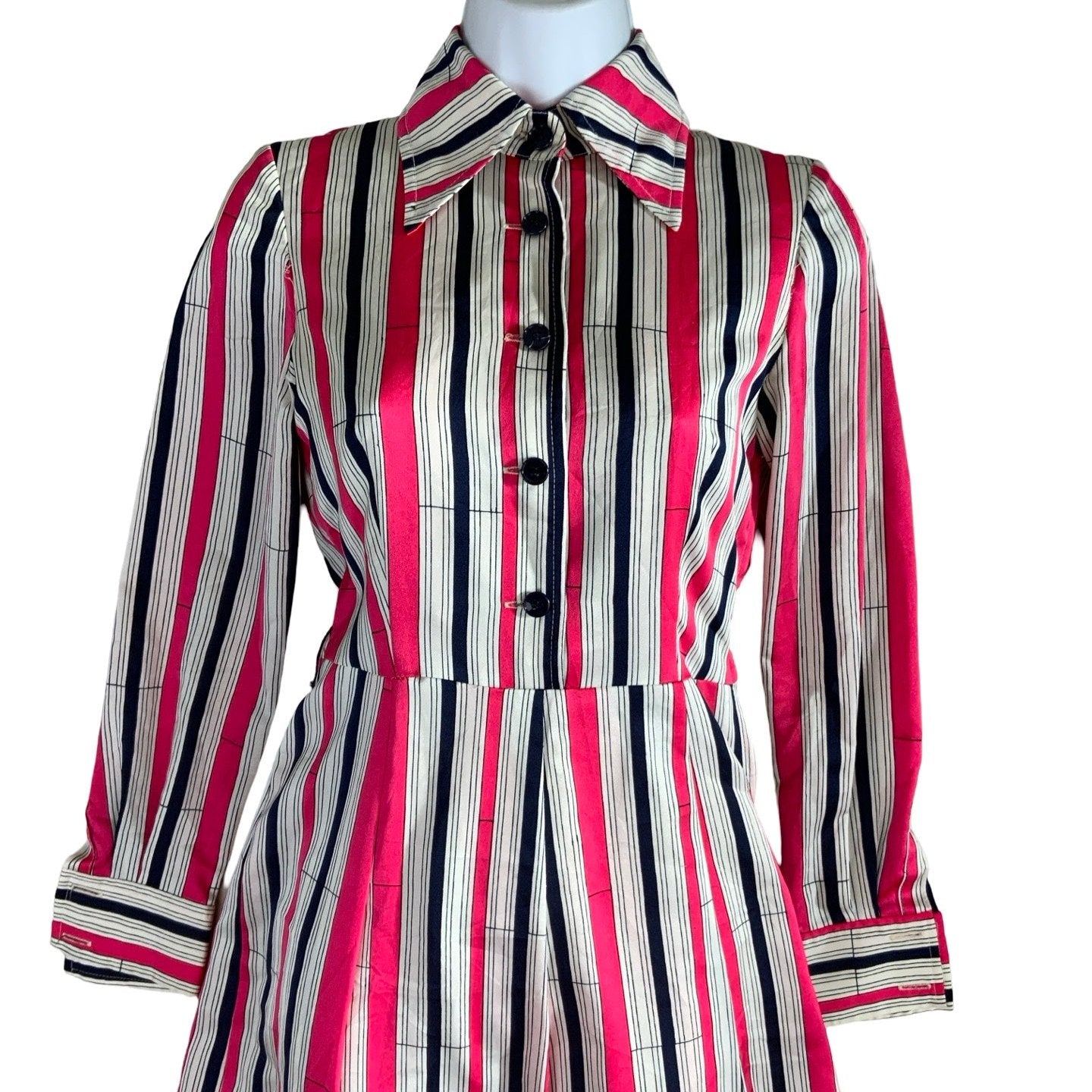 Vintage 60s 70s Pink White Black Stripe Aline Dress 6 8 10