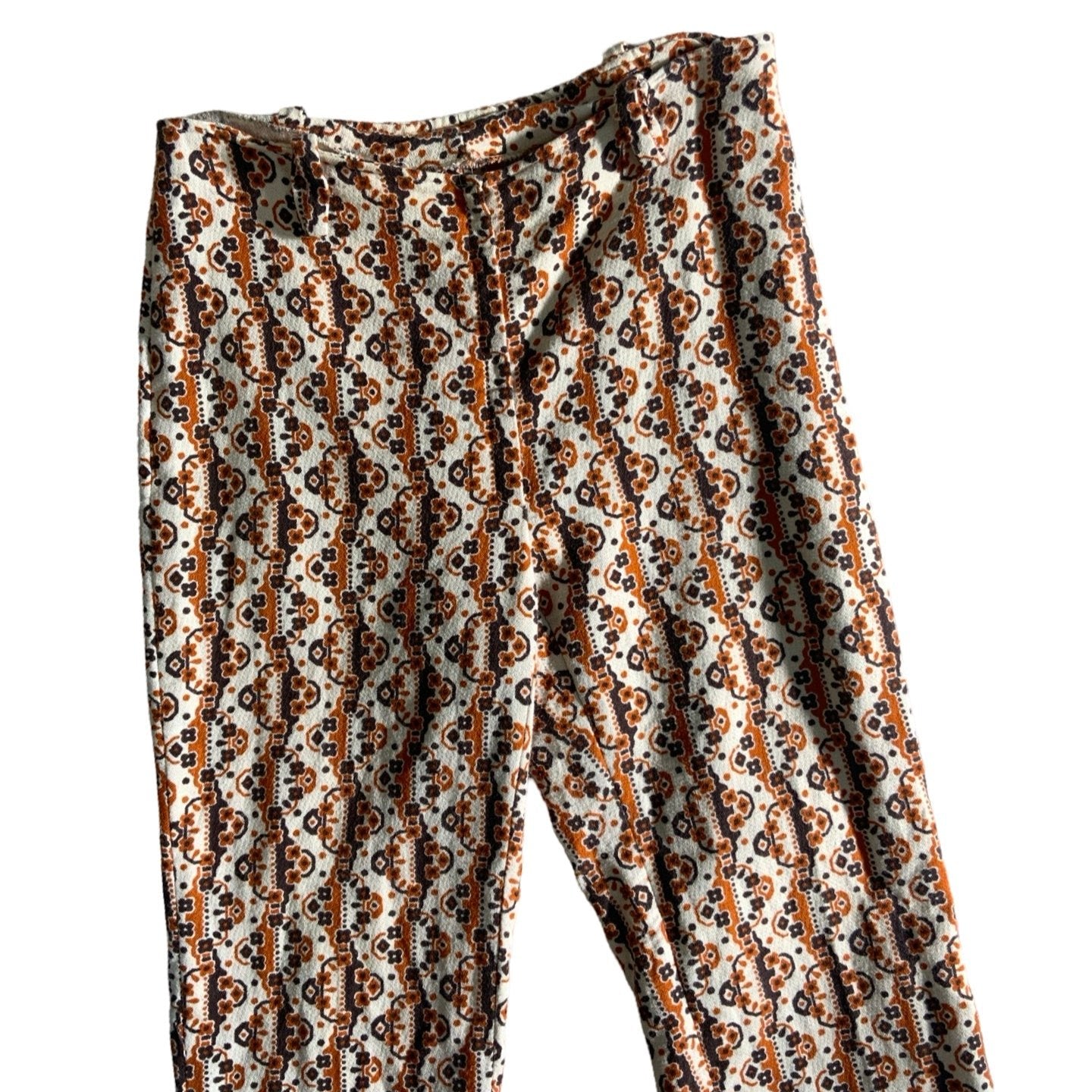 Vintage High Waist Cream Brown Orange Wide Leg Floral Stripe Trousers 10