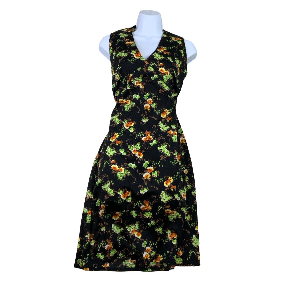 Vintage 60s 70s Black Floral Sleeveless V-Neck Shift Dress 8 10 12