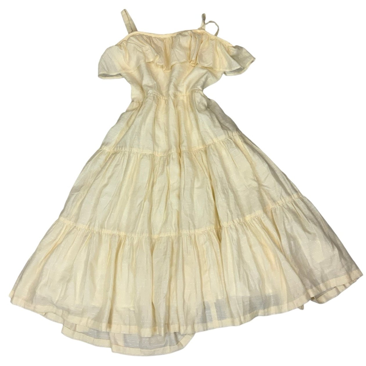 Vintage Cream Silver Pinstripe Tiered Ruffle Midi Party Dress 10 12