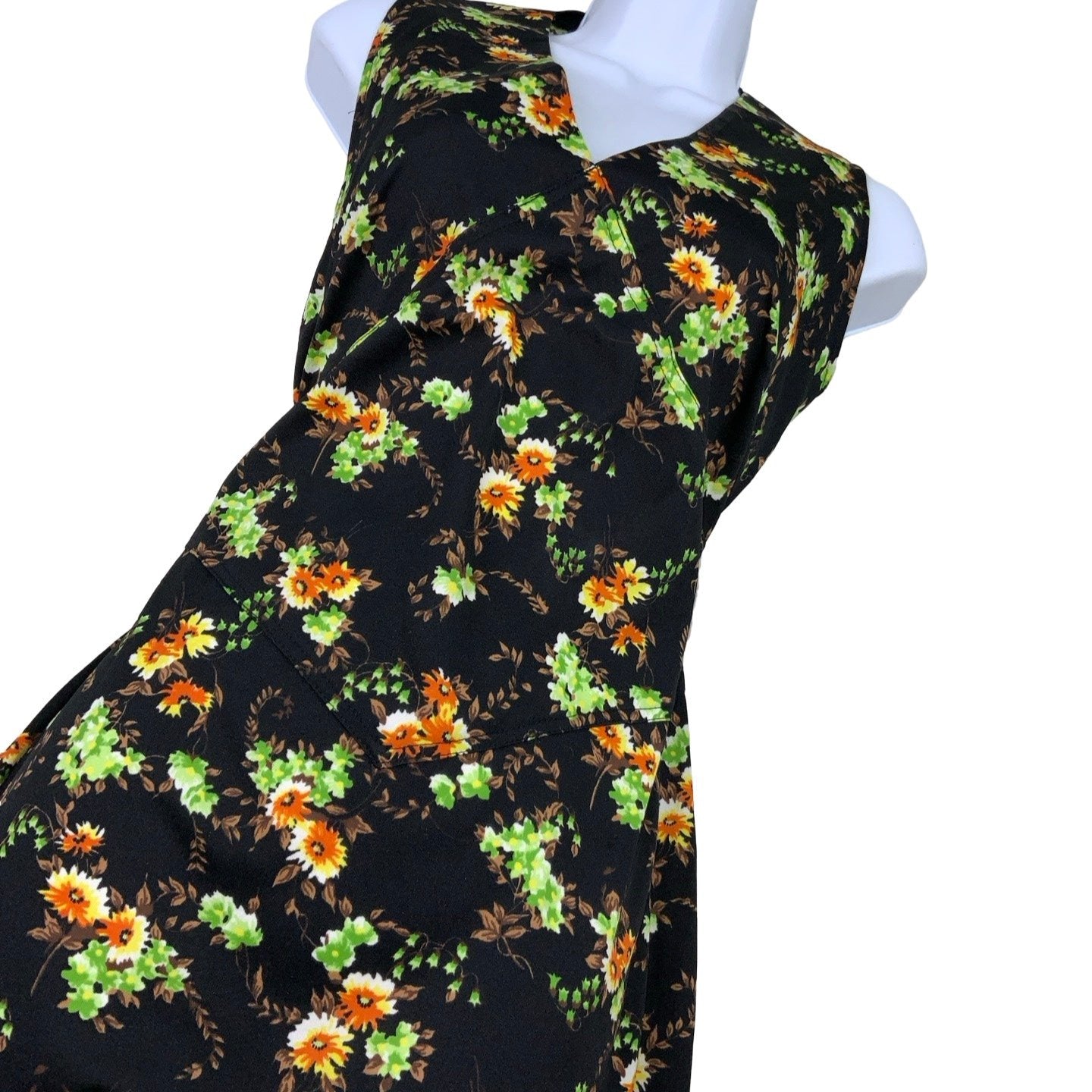 Vintage 60s 70s Black Floral Sleeveless V-Neck Shift Dress 8 10 12