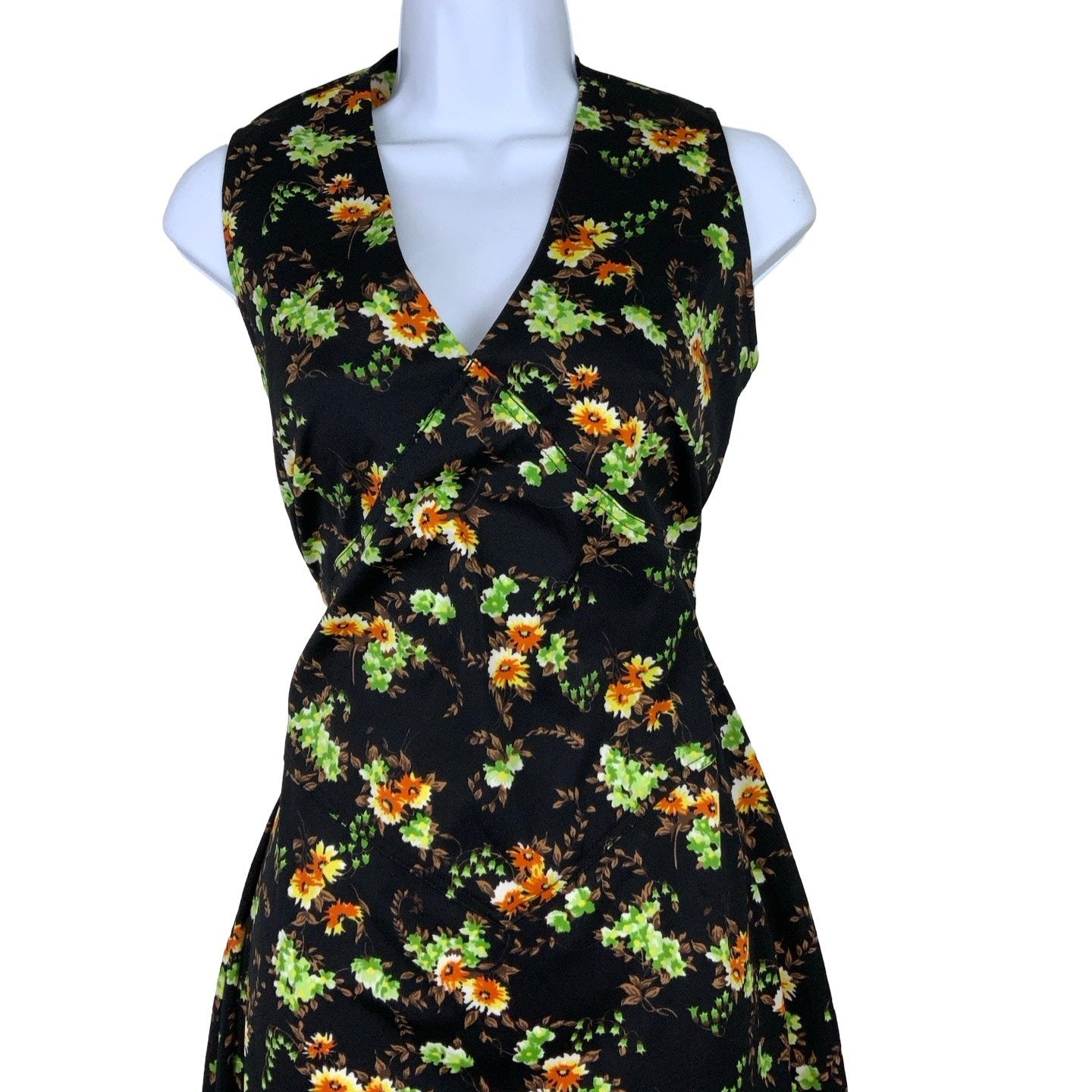 Vintage 60s 70s Black Floral Sleeveless V-Neck Shift Dress 8 10 12