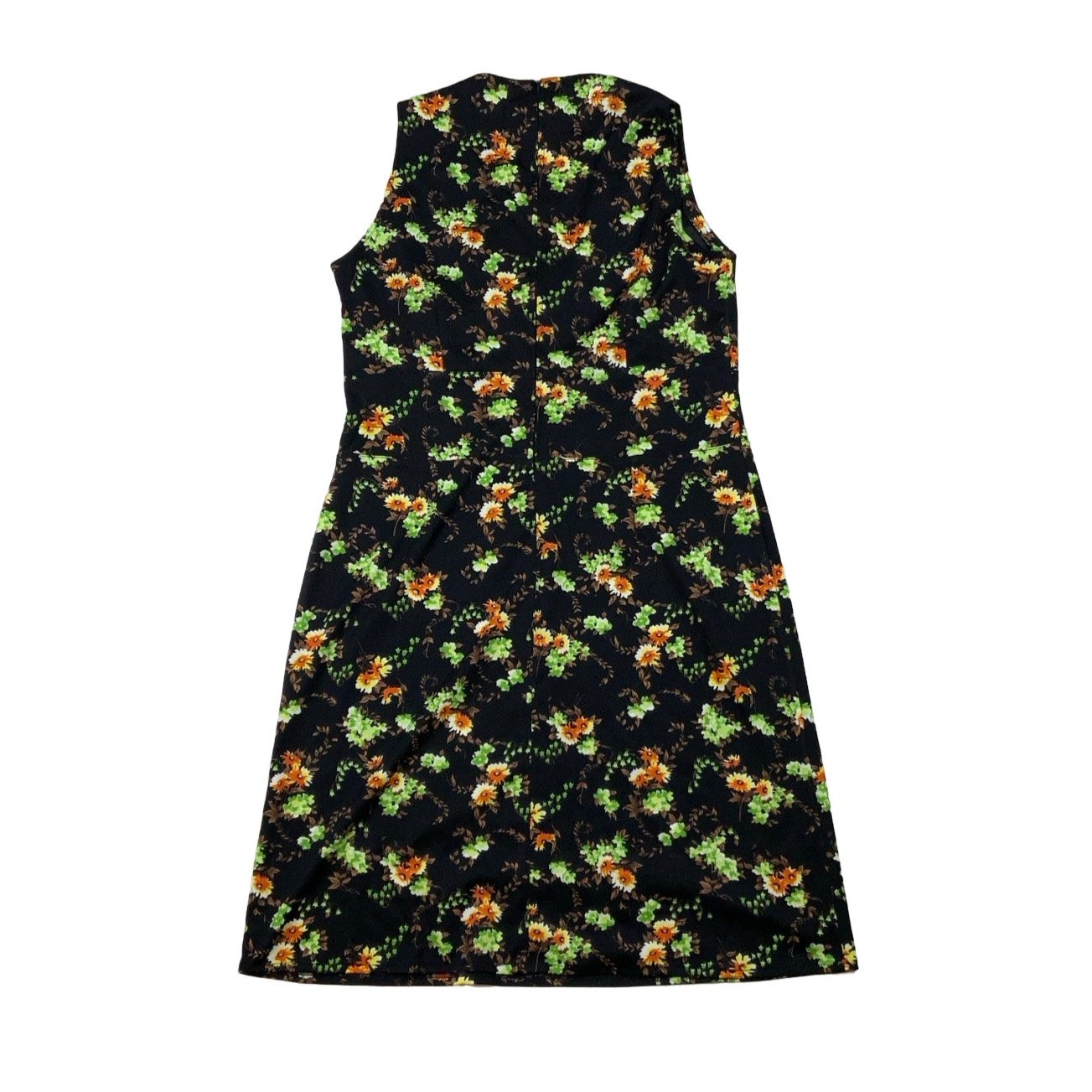 Vintage 60s 70s Black Floral Sleeveless V-Neck Shift Dress 8 10 12