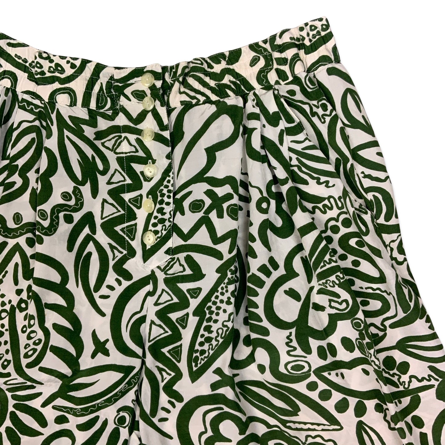 Vintage Green & White Abstract Print Pleated Shorts 18