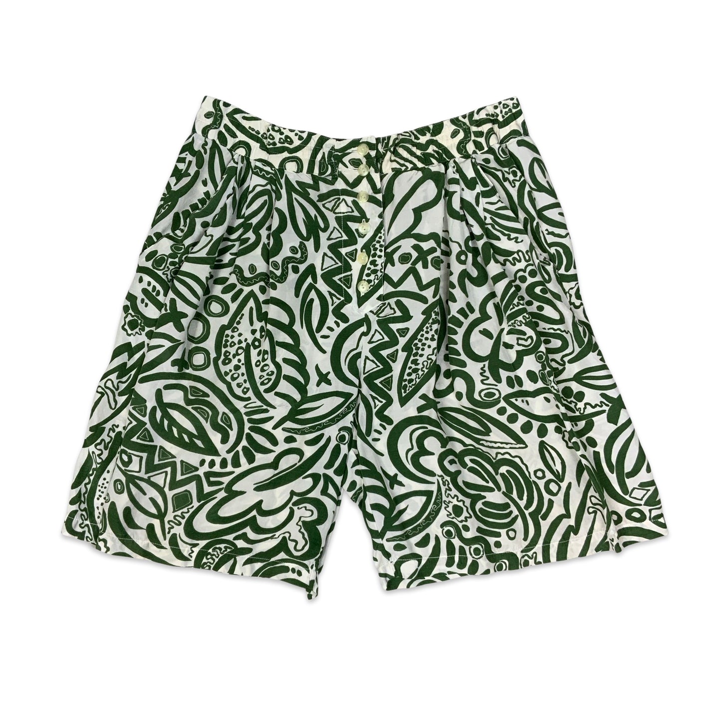 Vintage Green & White Abstract Print Pleated Shorts 18