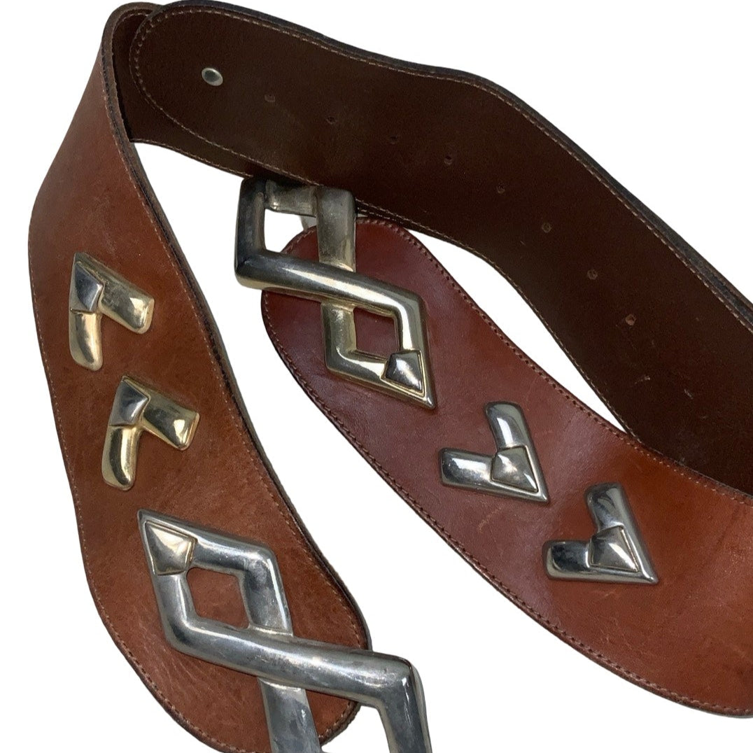 Vintage 70s 80s Brown Leather Gold Silver Geometric Statement Buckle Belt